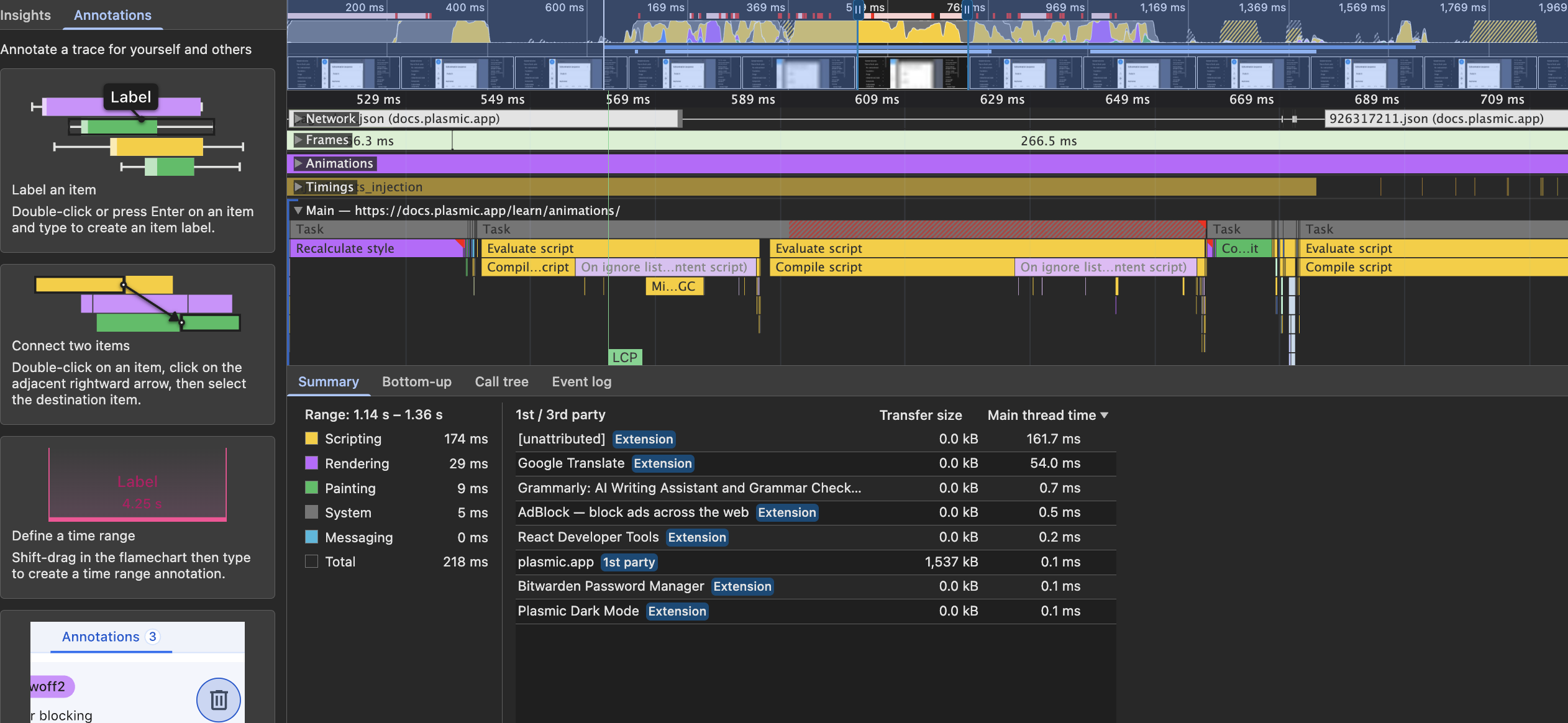 Animated DevTools-style performance timeline with layout, paint, and paint flashing indicators