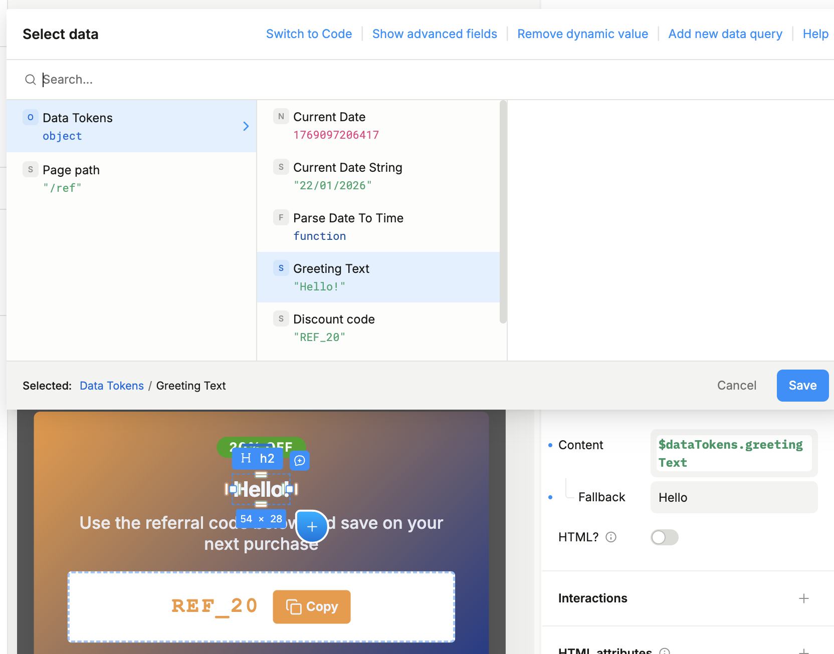 Data tokens expression
