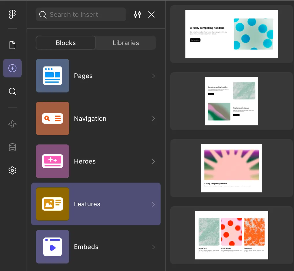 Figma Sites insertion panlel - sections
