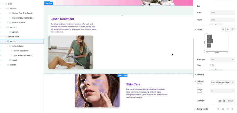 GIF or video thumbnail showing a quick workflow in Plasmic: selecting a container, enabling flex layout, and adjusting properties with instant visual feedback