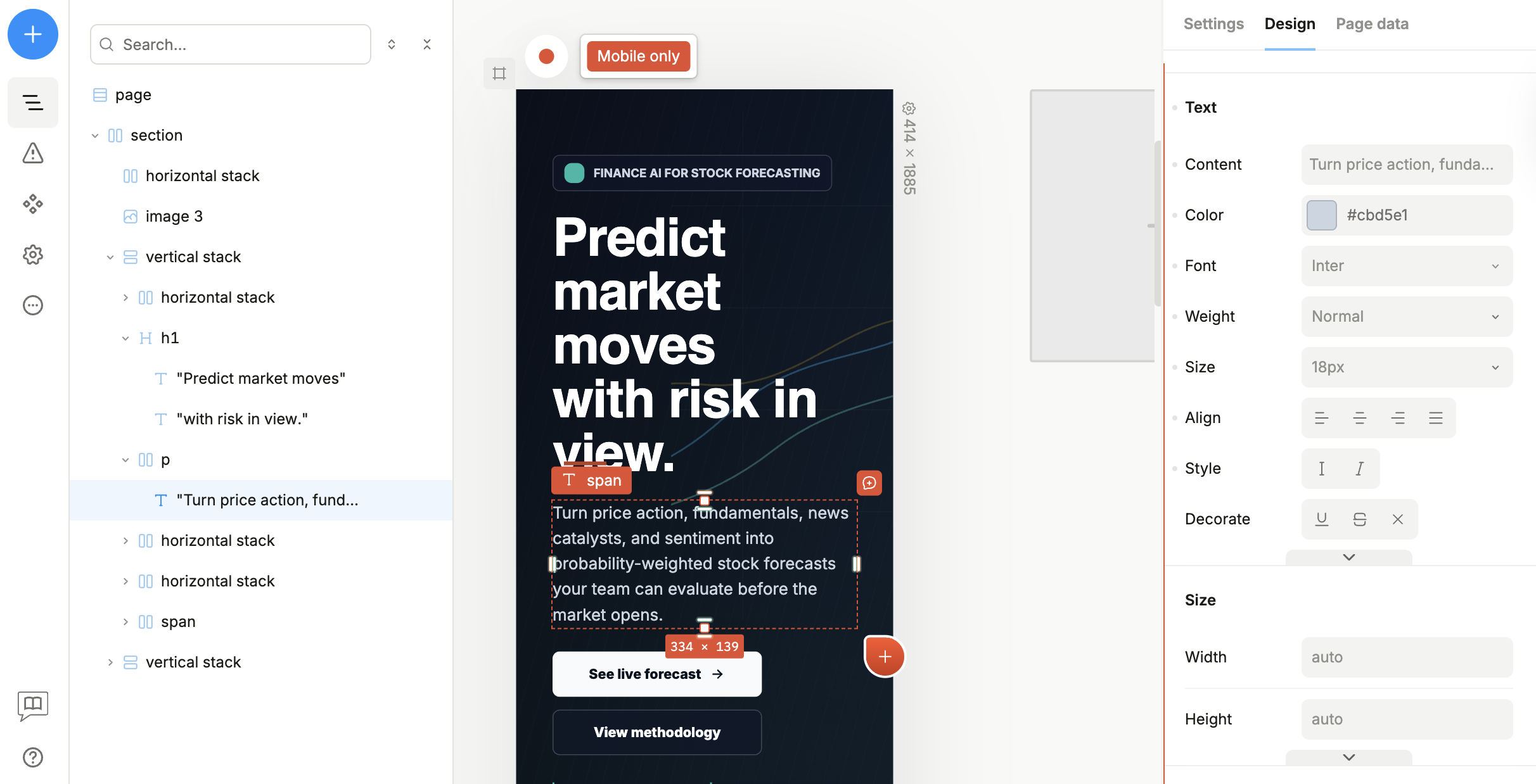 Editing the agent-generated website visually in the Plasmic canvas