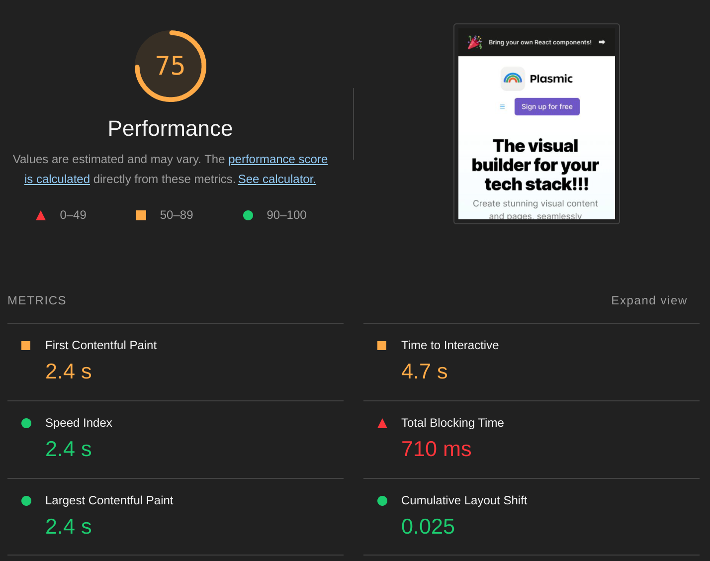 Screenshot of Lighthouse mobile score before applying saturation