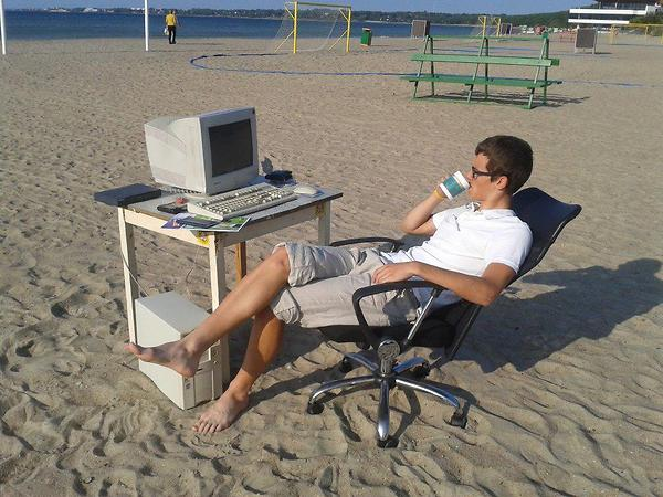 working at the beach